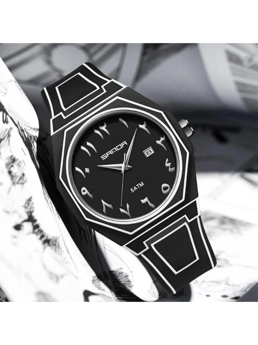 Men's Black Analog Silicone Strap Unique Anime-Inspired Arabic Dial Wrist Watch